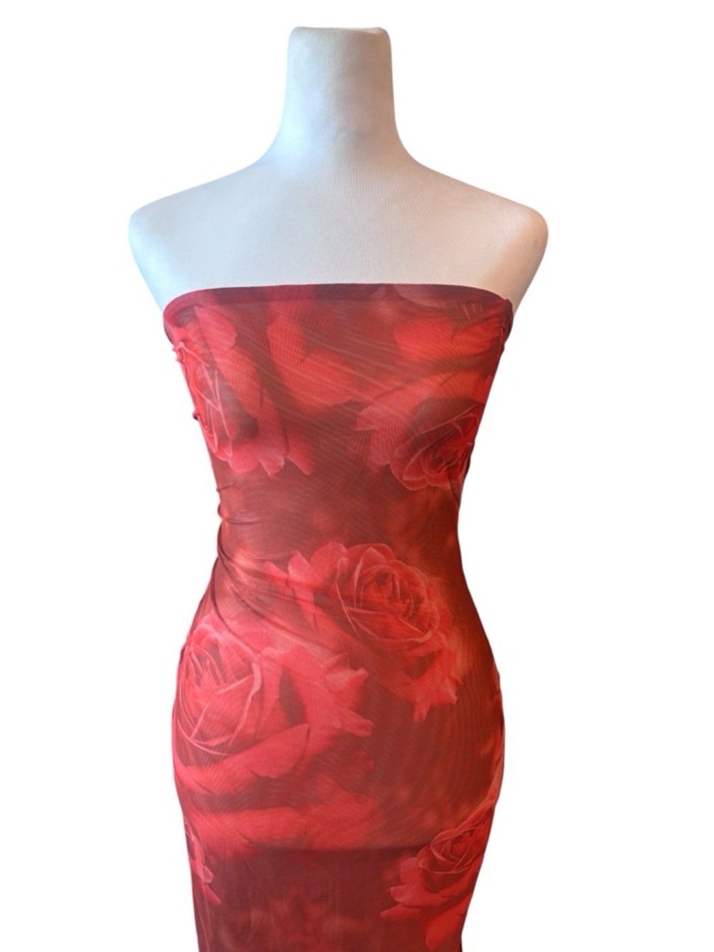 MESHKI Red Rose Mesh Strapless Midi Dress Romantic Bodycon
